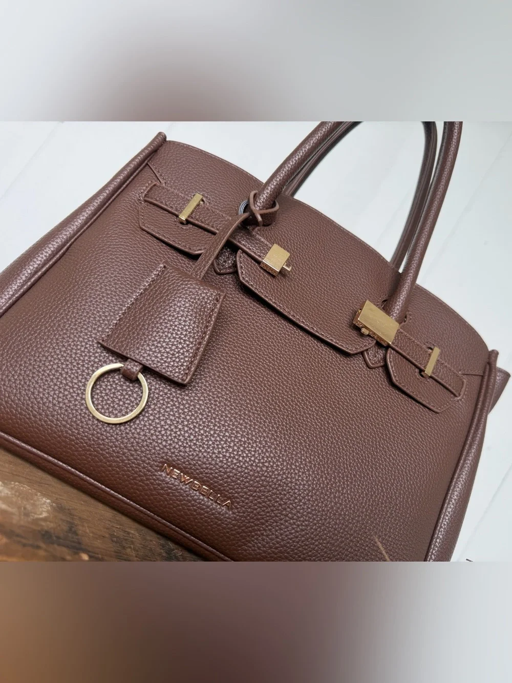 Newbella Brown Pebbled Leather Satchel with Gold Accents